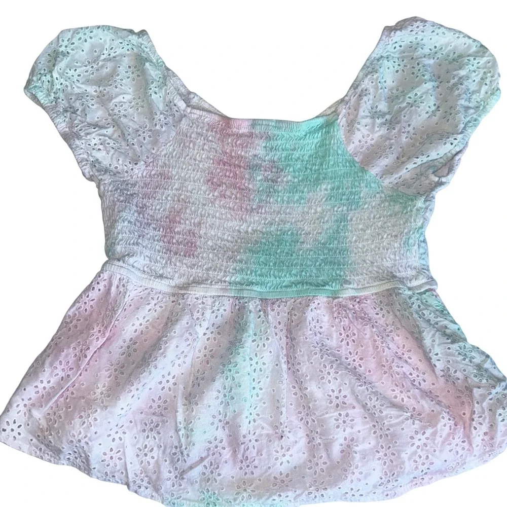 Justice Girls Tie Dye Smocked‎ Eyelet Top Pastel Pink Blue Green Size 12/14